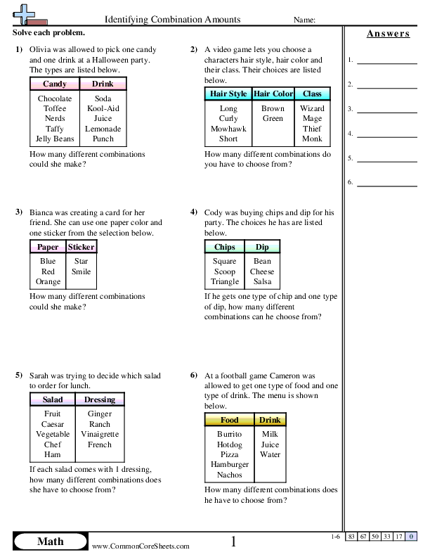 Probability Worksheets - Identifying Combination Amounts worksheet